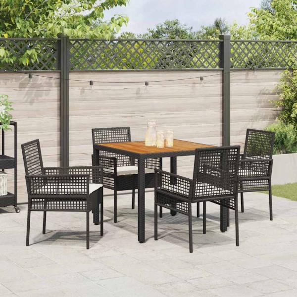 5-teiliges Garten-Essgruppen-Set mit Kissen in Schwarz aus Poly-Rattan