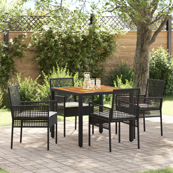 5-teiliges Garten-Essgruppen-Set mit Kissen in Schwarz aus Poly-Rattan