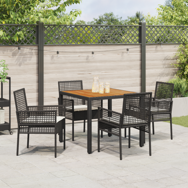 5-teiliges Garten-Essgruppen-Set mit Kissen in Schwarz aus Poly-Rattan
