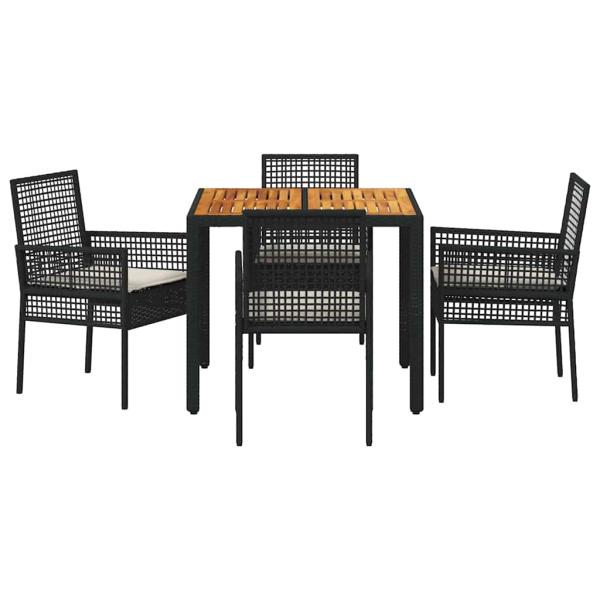 5-teiliges Garten-Essgruppen-Set mit Kissen in Schwarz aus Poly-Rattan