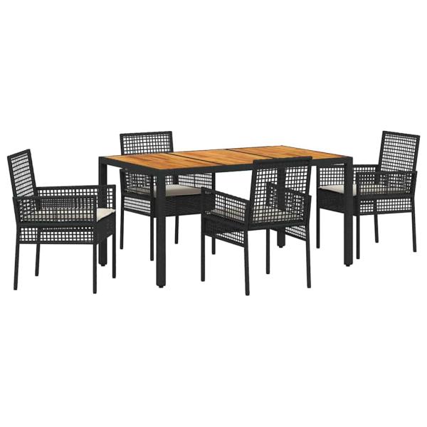 5-teiliges Garten Esszimmer Set mit Kissen Schwarz Poly Rattan