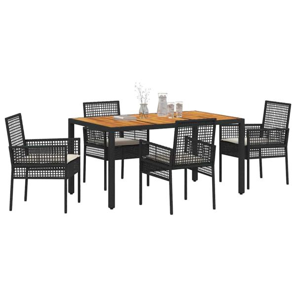 5-teiliges Garten Esszimmer Set mit Kissen Schwarz Poly Rattan