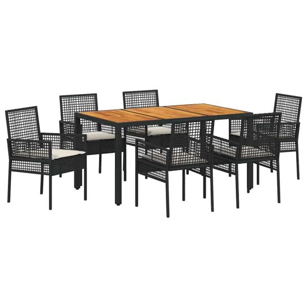 7-teilige Essgruppe für den Garten mit Kissen in Schwarz aus Poly-Rattan