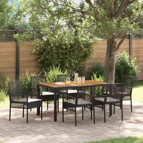 7-teilige Essgruppe für den Garten mit Kissen in Schwarz aus Poly-Rattan