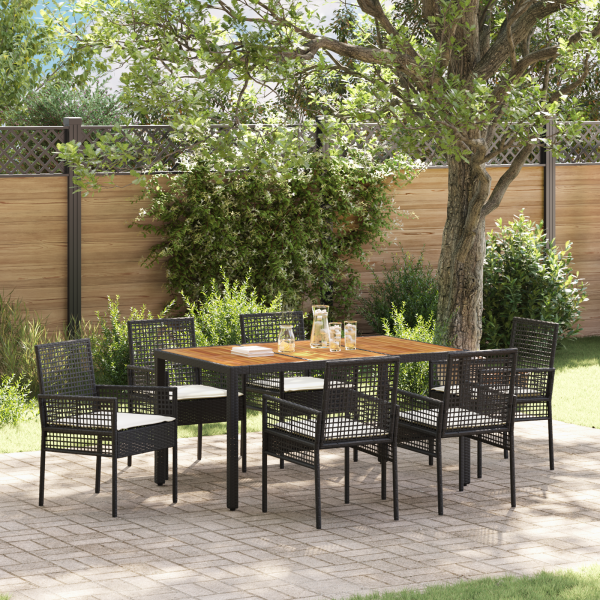 7-teilige Essgruppe für den Garten mit Kissen in Schwarz aus Poly-Rattan