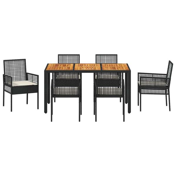 7-teilige Essgruppe für den Garten mit Kissen in Schwarz aus Poly-Rattan