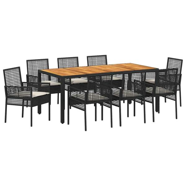 9-teiliges Garten Essset mit Kissen in Schwarz Poly Rattan
