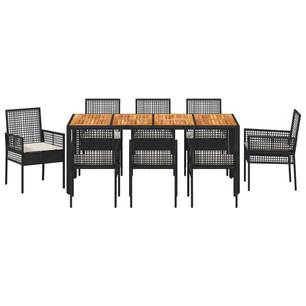 9-teiliges Garten Essset mit Kissen in Schwarz Poly Rattan