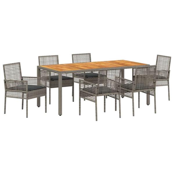 7-teiliges Garten-Eßtisch-Set mit Kissen grau Poly-Rattan