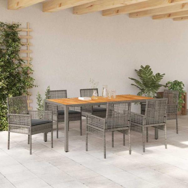 7-teiliges Garten-Eßtisch-Set mit Kissen grau Poly-Rattan