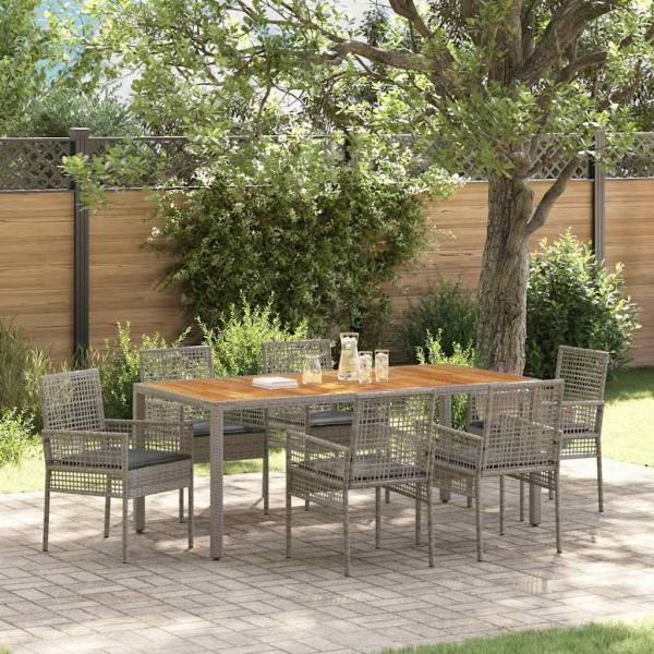 7-teiliges Garten-Eßtisch-Set mit Kissen grau Poly-Rattan