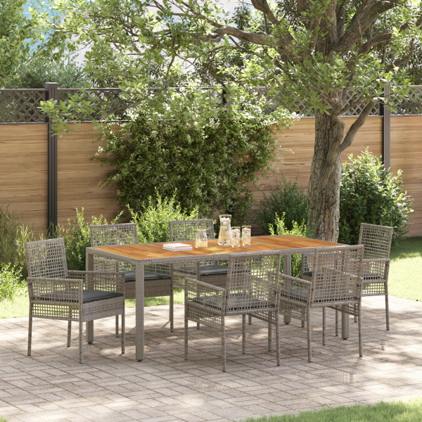 7-teiliges Garten-Eßtisch-Set mit Kissen grau Poly-Rattan