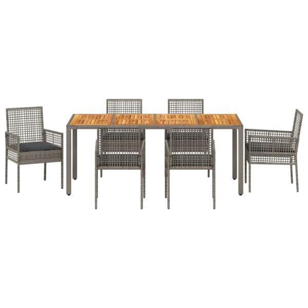 7-teiliges Garten-Eßtisch-Set mit Kissen grau Poly-Rattan