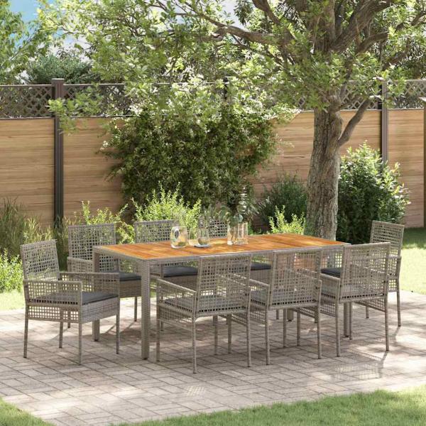 ARDEBO.de - 9-teiliges Garten Essgruppe mit Kissen Grau Poly Rattan