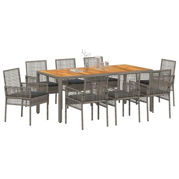 9-teiliges Garten Essgruppe mit Kissen Grau Poly Rattan