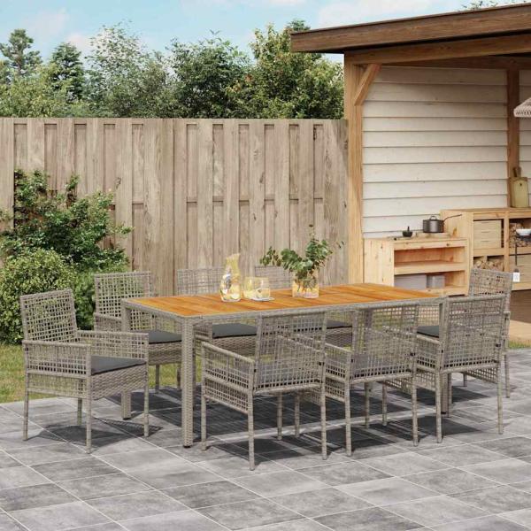 9-teiliges Garten Essgruppe mit Kissen Grau Poly Rattan