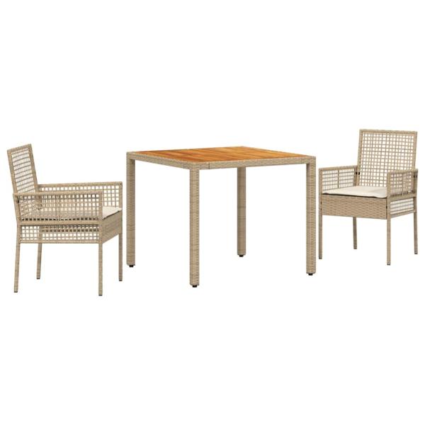 3-teiliges Garten-Essset mit Kissen Beige Poly Rattan