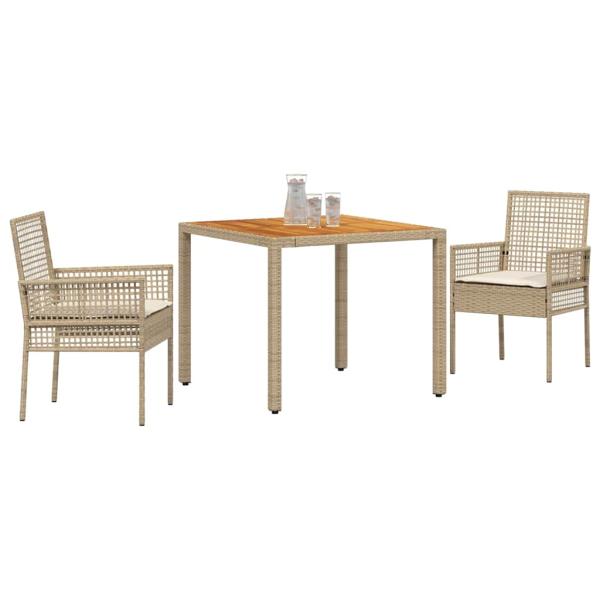 3-teiliges Garten-Essset mit Kissen Beige Poly Rattan
