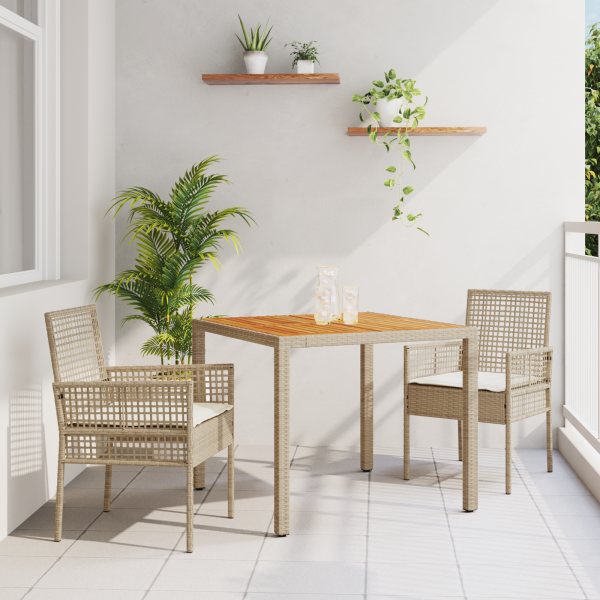 3-teiliges Garten-Essset mit Kissen Beige Poly Rattan