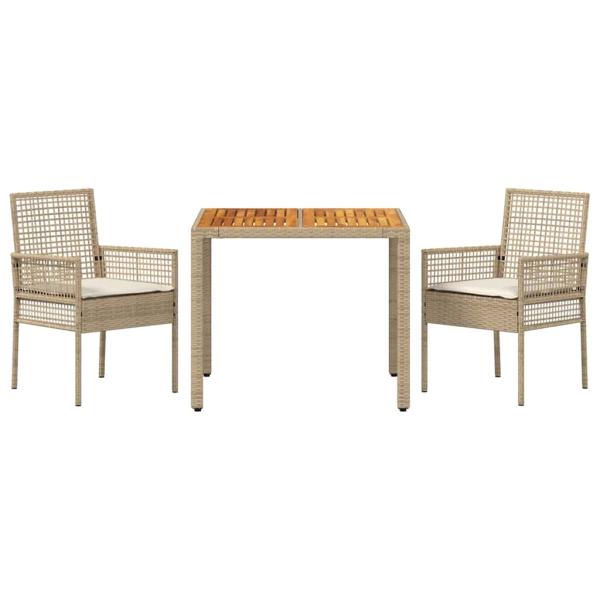 3-teiliges Garten-Essset mit Kissen Beige Poly Rattan