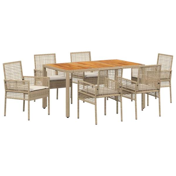 7-teiliges Garten Essset mit Kissen Beige Poly-Rattan