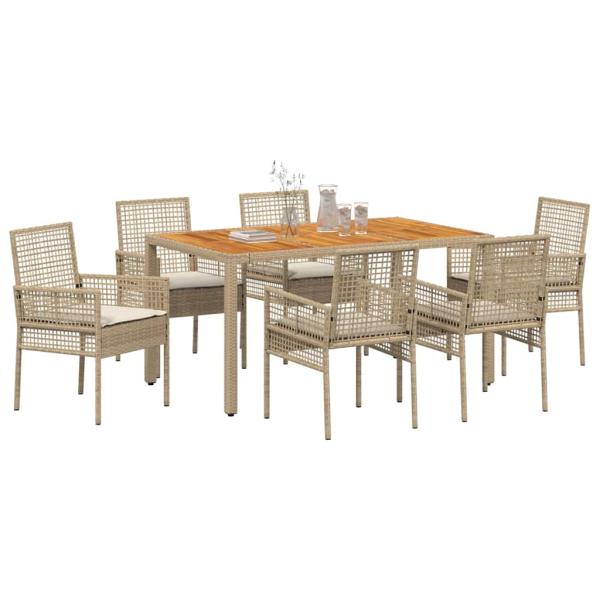 7-teiliges Garten Essset mit Kissen Beige Poly-Rattan