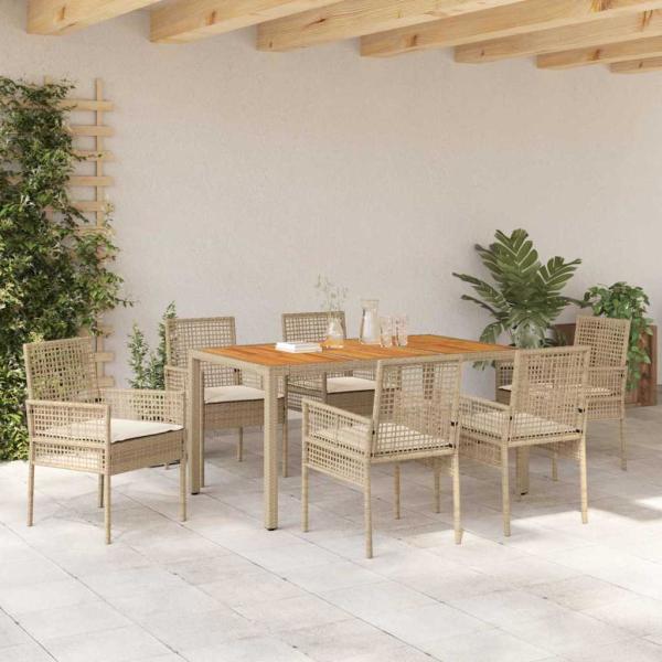 7-teiliges Garten Essset mit Kissen Beige Poly-Rattan