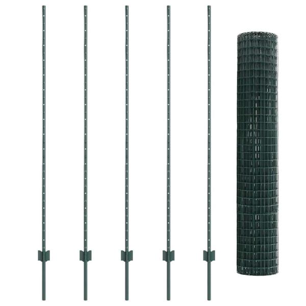 Euro-Zaun mit 5 U-Pfosten Grün 1,6x10 m Stahl