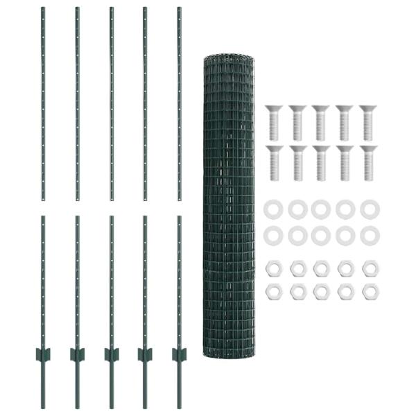 Euro-Zaun mit 5 U-Pfosten Grün 1,6x10 m Stahl