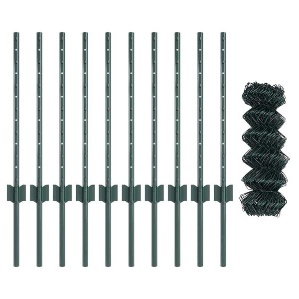 Kettenlink Zaun mit 10 U-Pfählen Grün 0.6x10 m Stahl