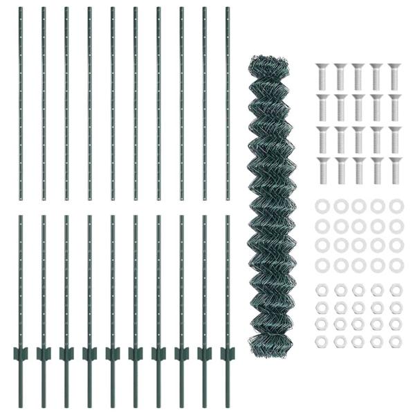 Kettenzaun mit 10 U-Stützen Grün 1,6x10 m Stahl