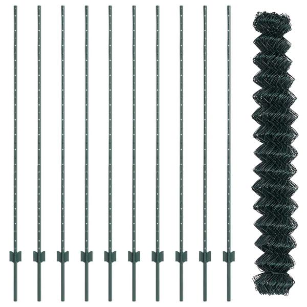 Kettenzaun mit 10 U-Stützen Grün 1,6x10 m Stahl