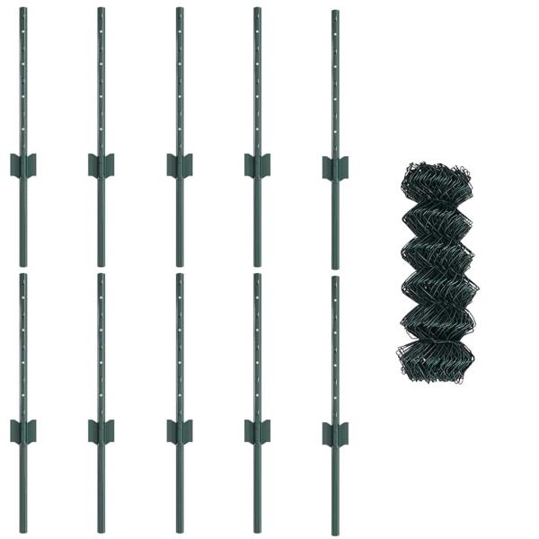 Kettengliedzaun mit 10 U-Posten Grün 0,4x10 m Stahl