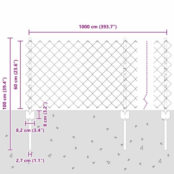 Kettengliedzaun mit 10 U-Stahlpfosten Silberschwarz 0.6x10 m