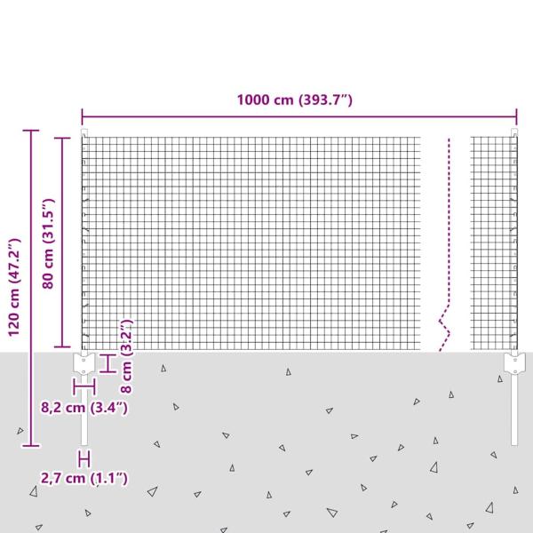 Verschweißter Drahtzaun mit 5 U-Stützen Grau 0.8x10 m Stahl