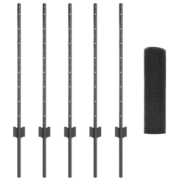 Verschweißter Drahtzaun mit 5 U-Stützen Grau 0.8x10 m Stahl