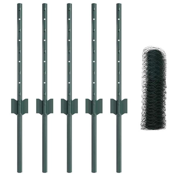 Zaunpfosten 5 Stk U-Kanal Grün 40 cm Stahl, Sechseckzaun Grün 0,4x10 m Stahl