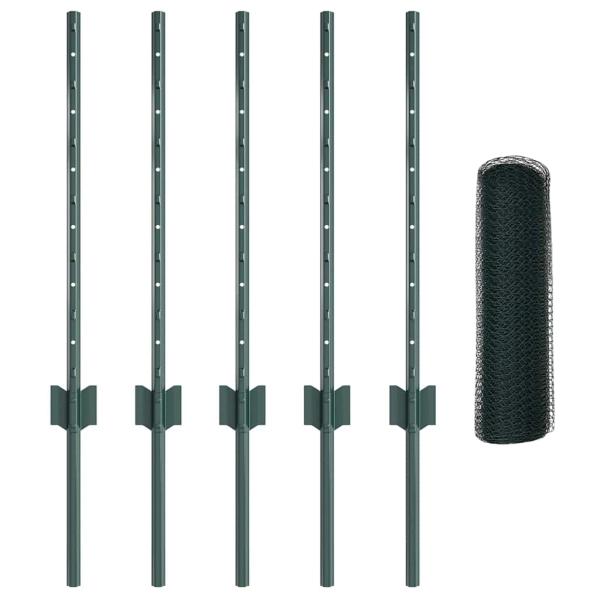 Zaunpfosten 5 Stück U-Kanal Grün 60 cm Stahl, Sechseckzaun Grün 0,5x10 m Stahl