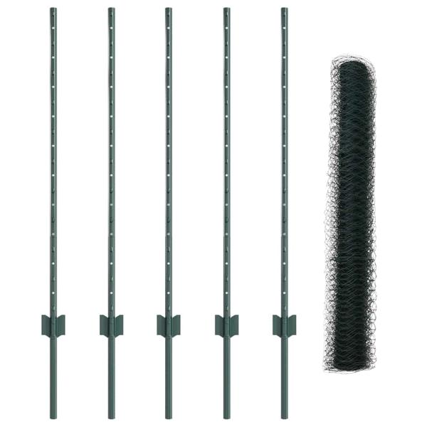 Zaunpfosten 5 Stück U-Profil Grün 100 cm Stahl, Sechseckzaun Grün 1x10 m Stahl