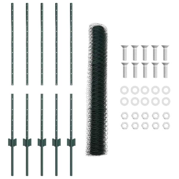 Zaunpfosten 5 Stück U-Profil Grün 100 cm Stahl, Sechseckzaun Grün 1x10 m Stahl