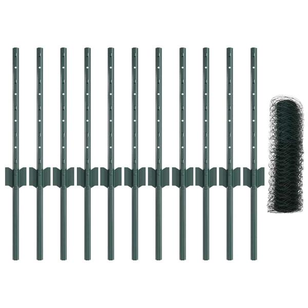 Zaunpfosten 11 Stück U-Profil Grün 40 cm Stahl, Sechseckzaun Grün 0.4x25 m Stahl