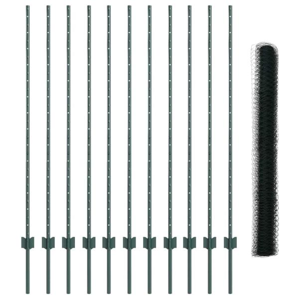 Zaunpfosten 11 Stück U-Kanal Grün 140 cm Stahl, Sechseckzaun Grün 1.4x25 m Stahl