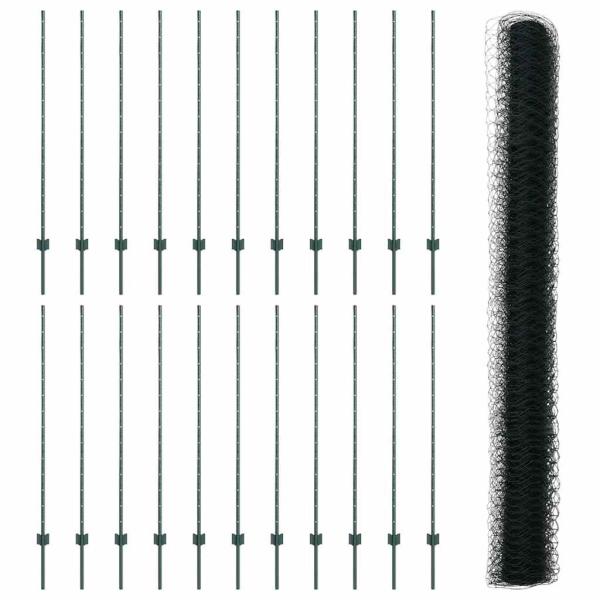 Zaunpfosten 11 Stück U-Profil Grün 140 cm Stahl, Sechseckzaun Grün 1,4x50 m Stahl