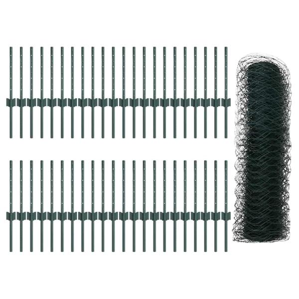Zaunpfosten 11 Stück U-Profil Grün 40 cm Stahl, Sechseckzaun Grün 0,4x100 m Stahl
