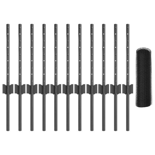 Zaunpfosten 11 Stück U-Kanal Grau 40 cm Stahl, Sechseckzaun Grau 0.4x25 m Stahl