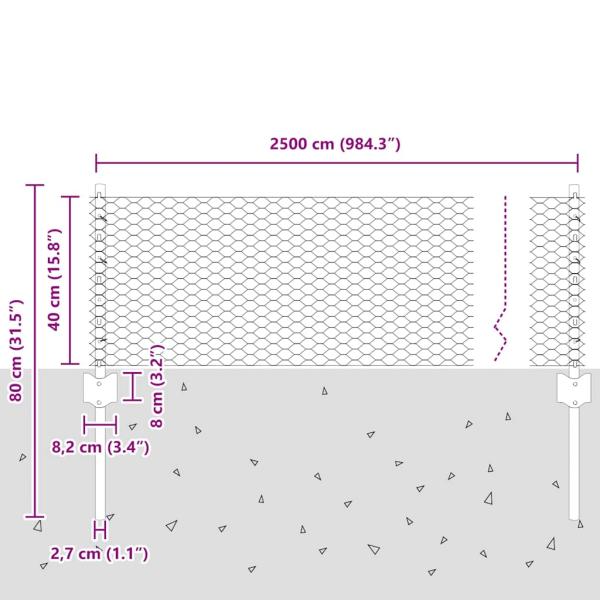 Zaunpfosten 11 Stück U-Kanal Grau 40 cm Stahl, Sechseckzaun Grau 0.4x25 m Stahl