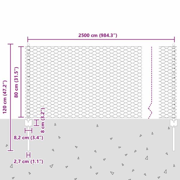 Zaunpfosten 11 Stück U-Kanal Grau 80 cm Stahl, Sechseckzaun Grau 0.8x25 m Stahl