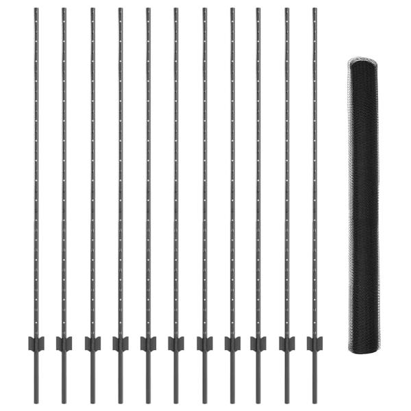 Zaunpfosten 22 Stk U-Kanal Grau 160 cm Stahl, Sechseckzaun Grau 1,6x25 m Stahl