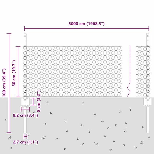 Zaunpfosten 11 Stück U-Kanal Grau 60 cm Stahl, Sechskantzaun Grau 0,5x50 m Stahl