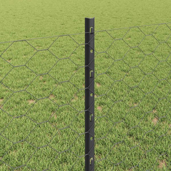Zaunpfosten 11 Teile U-Kanal Grau 80 cm Stahl, Sechseckzaun Grau 0,8x50 m Stahl